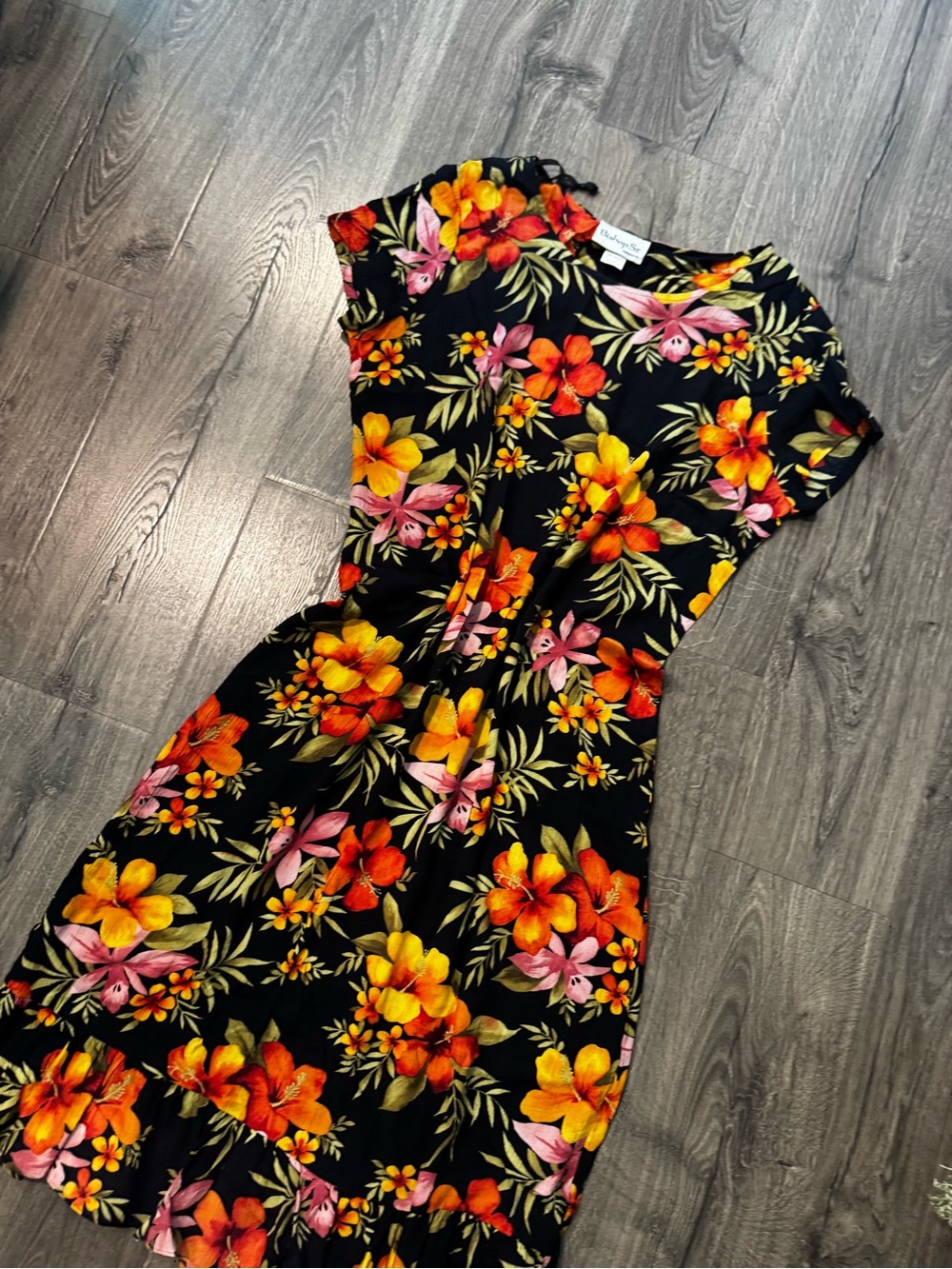 Bishop St apparel Floral midi Dress Black with Orange yellow and Pink Blossoms L - Picture 2 of 6